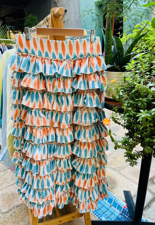 FRILL TIERED SKIRT - Blue/Orange Ikat *Limited Edition