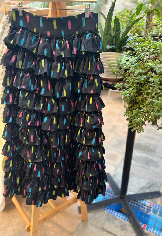 FRILL TIERED SKIRT - Black/Rainbow Ikat *Limited Edition