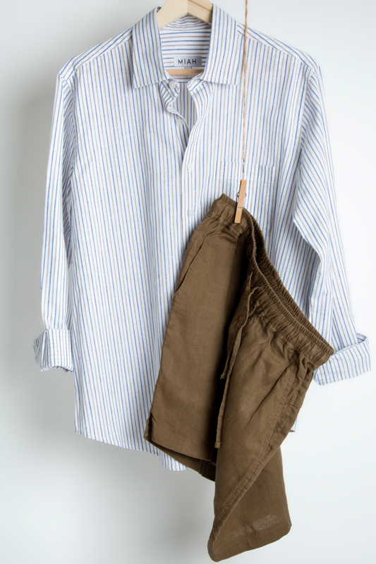 THE LINEN SHIRT - Blue Beige Stripe